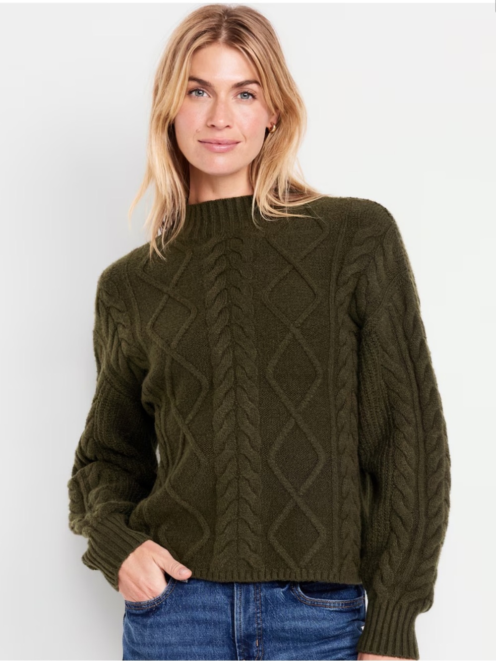 Old Navy SoSoft Cropped Mock-Neck Cabled Pullover Sweater Conifer Green Medium